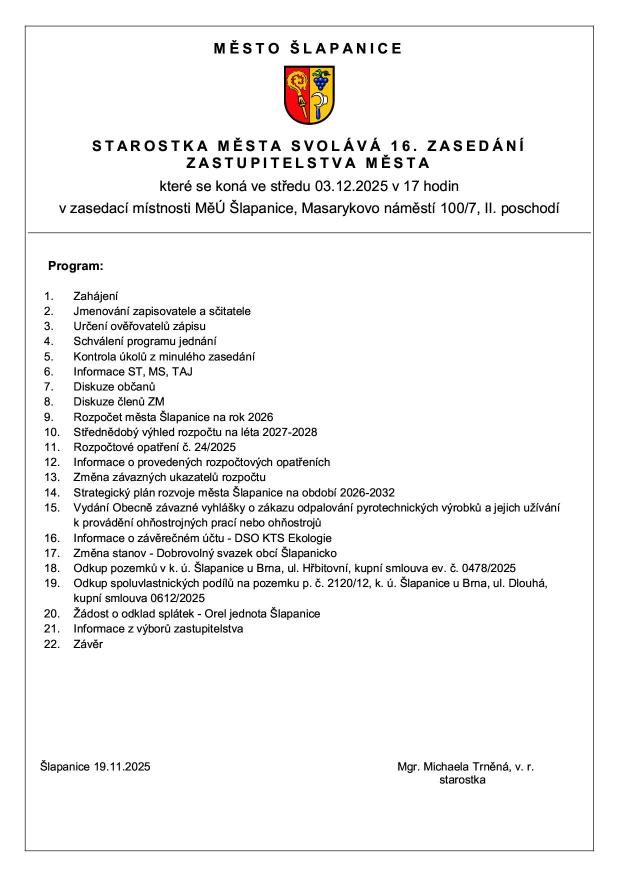 16. veřejné zasedání Zastupitelstva města Šlapanice